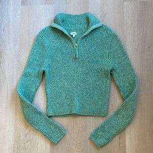 Aerie Green Ribbed Cropped Quarter Zip Sweater Mock Neck Pullover Size L